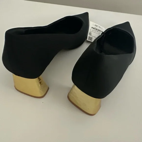 Zara Black Satin Heels With Metallic Gold Block Heel - Picture 8 of 11